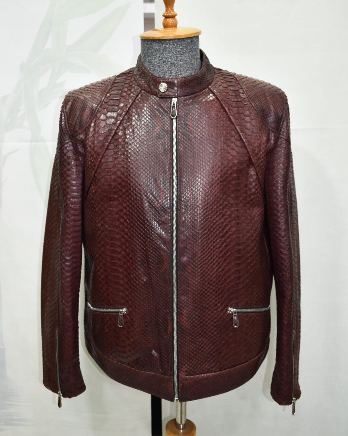 695e59b559f447123fa4ef4a.jpg Genuine Burgundy Python Skin Racer Jacket - Luxury Wine Red Snake Leather Moto Coat
