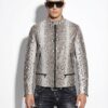 Natural White Grey Python Skin Racer Jacket - Exotic Snake Leather Luxury Moto Coat