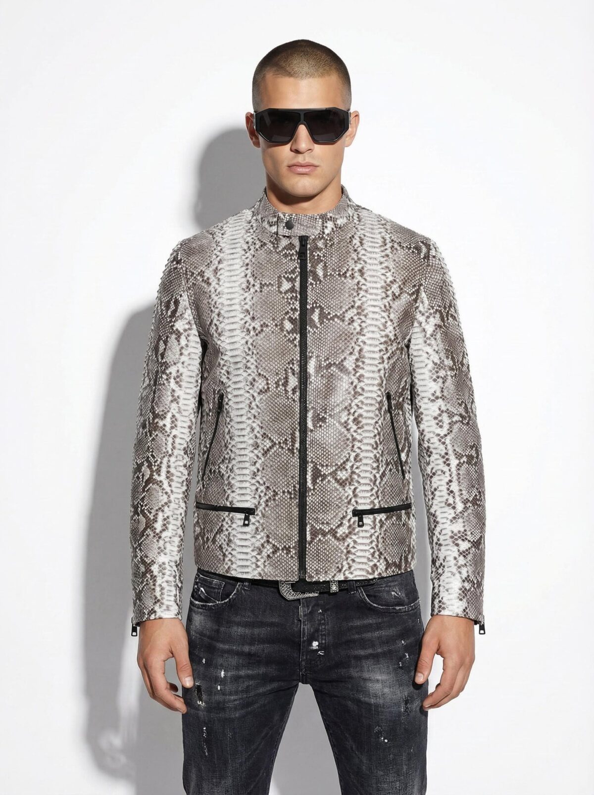 Natural White Grey Python Skin Racer Jacket - Exotic Snake Leather Luxury Moto Coat