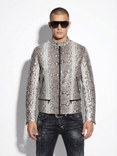 695e59b559f447123fa4ef85.jpg Natural White Grey Python Skin Racer Jacket - Exotic Snake Leather Luxury Moto Coat