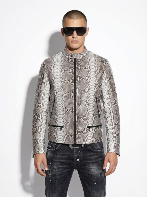 Natural White Grey Python Skin Racer Jacket - Exotic Snake Leather Luxury Moto Coat