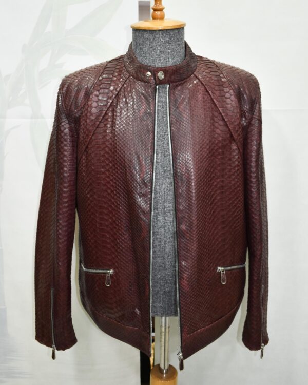 Genuine Burgundy Python Skin Racer Jacket - Luxury Wine Red Snake Leather Moto Coat