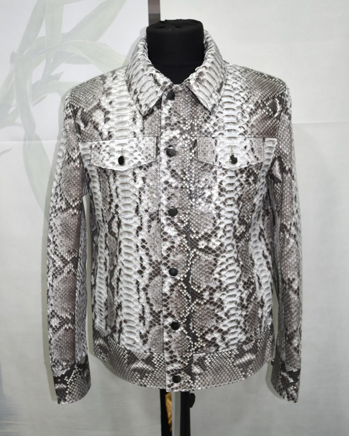 695e59b559f447123fa4ef89.jpg Natural White Grey Python Skin Trucker Jacket - Exotic Snake Luxury Leather Denim Style Coat