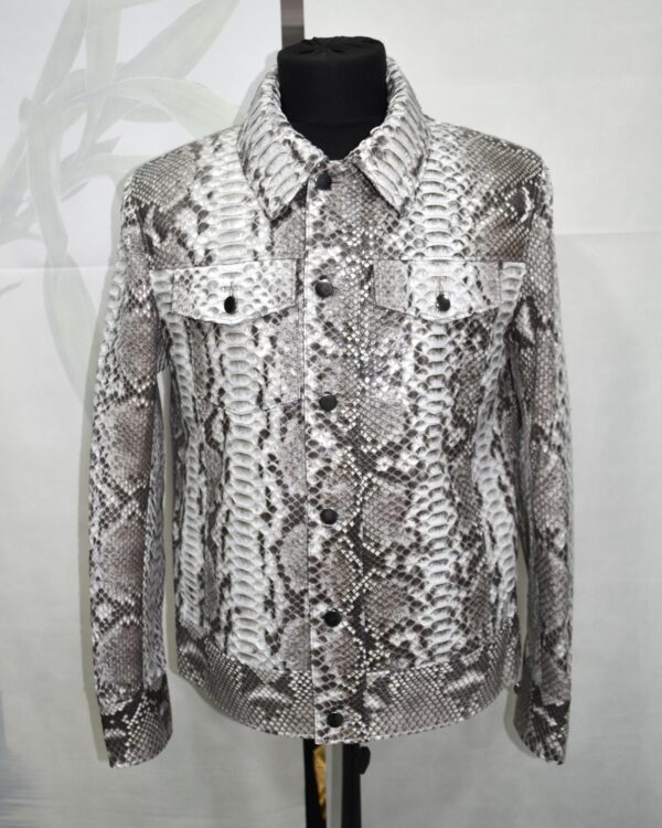 Natural White Grey Python Skin Trucker Jacket - Exotic Snake Luxury Leather Denim Style Coat