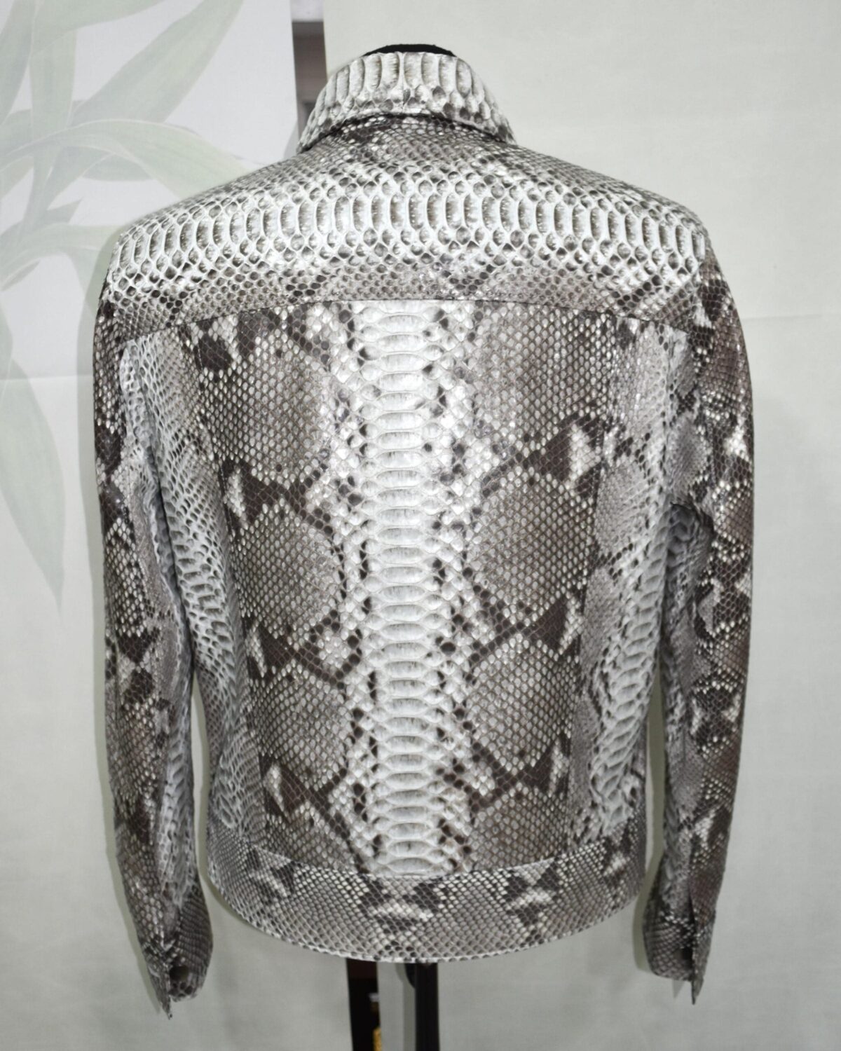 695e59b659f447123fa4ef8b.jpg Natural White Grey Python Skin Trucker Jacket - Exotic Snake Luxury Leather Denim Style Coat