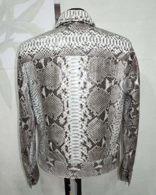 Natural White Grey Python Skin Trucker Jacket - Exotic Snake Luxury Leather Denim Style Coat
