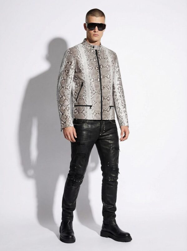 Natural White Grey Python Skin Racer Jacket - Exotic Snake Leather Luxury Moto Coat