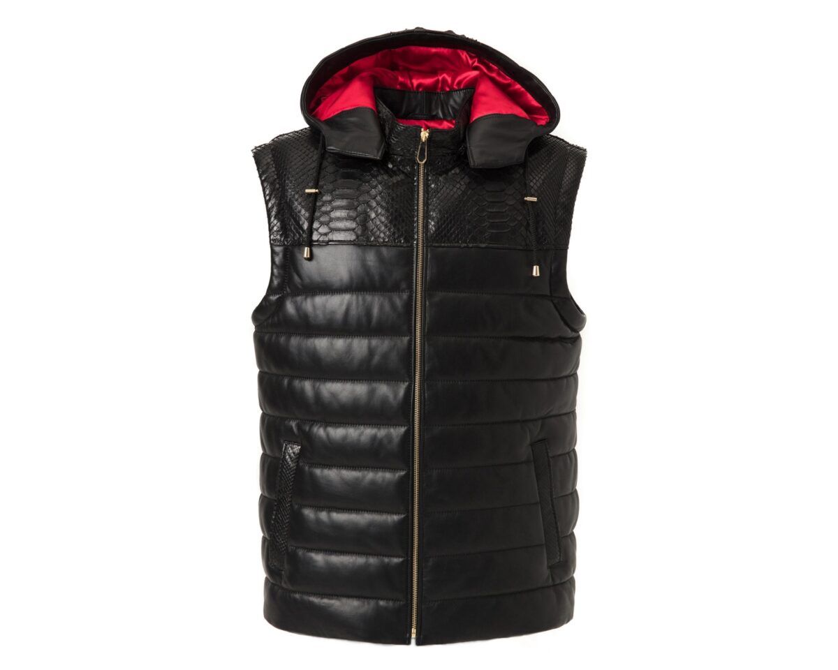 695e59b759f447123fa4efd9.jpg Men's Nappa Leather Hooded Vest: Python Trim, Quilted Waistcoat