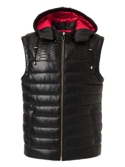 Men's Nappa Leather Hooded Vest: Python Trim, Quilted Waistcoat