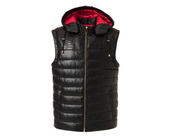 Men's Nappa Leather Hooded Vest: Python Trim, Quilted Waistcoat