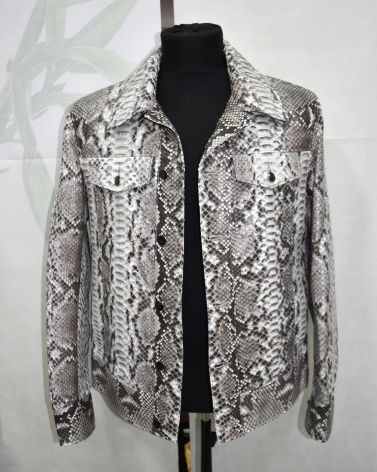 695e59b759f447123fa4efdb.jpg Natural White Grey Python Skin Trucker Jacket - Exotic Snake Luxury Leather Denim Style Coat