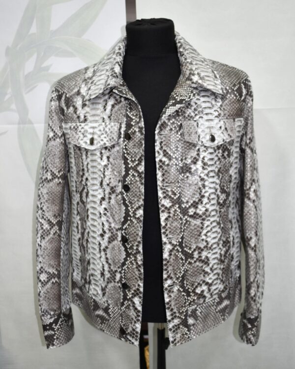 Natural White Grey Python Skin Trucker Jacket - Exotic Snake Luxury Leather Denim Style Coat