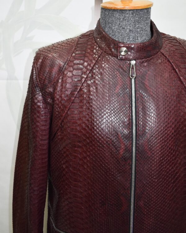 Genuine Burgundy Python Skin Racer Jacket - Luxury Wine Red Snake Leather Moto Coat