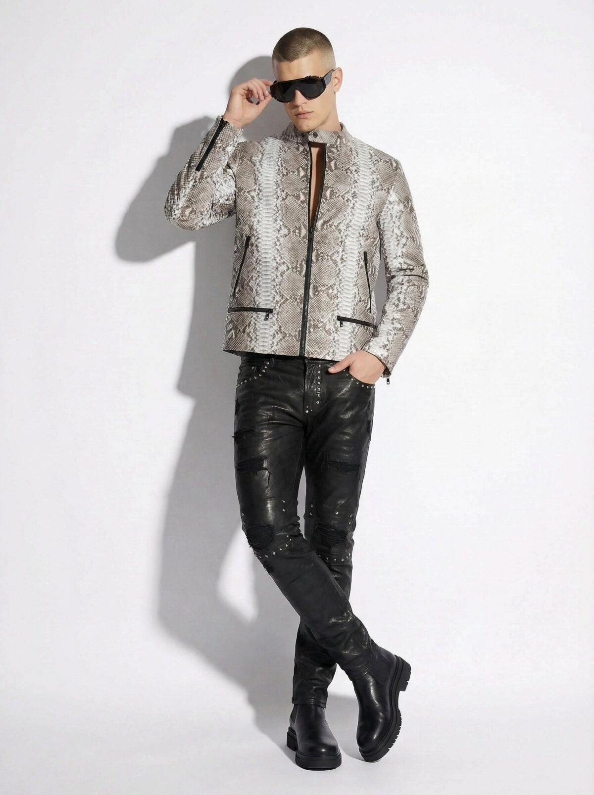 Natural White Grey Python Skin Racer Jacket - Exotic Snake Leather Luxury Moto Coat