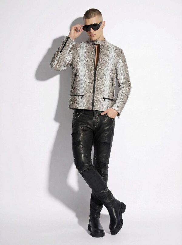 Natural White Grey Python Skin Racer Jacket - Exotic Snake Leather Luxury Moto Coat