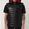 695e59b859f447123fa4efe1.jpg Men's Nappa Leather Hooded Vest: Python Trim, Quilted Waistcoat
