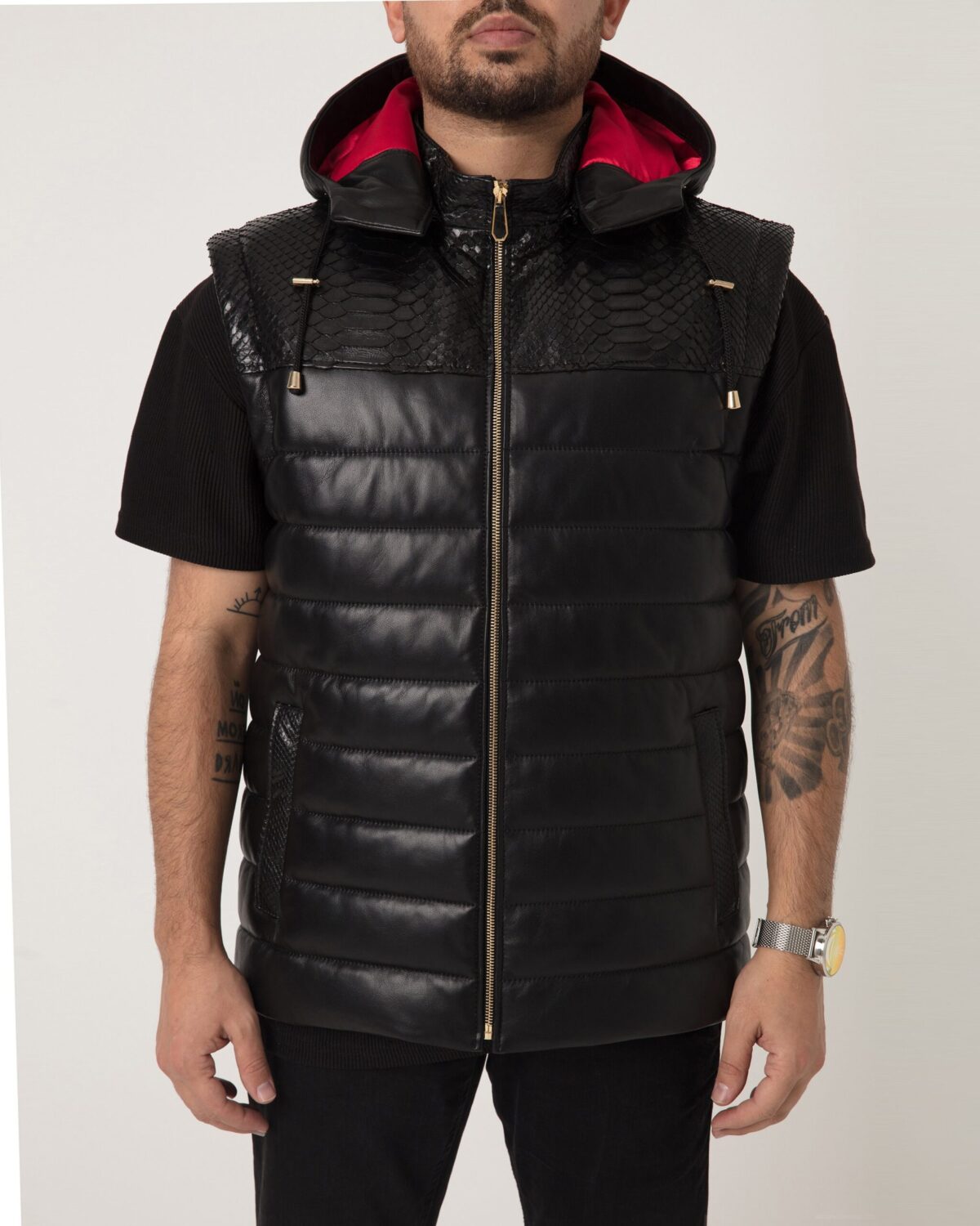 695e59b859f447123fa4efe1.jpg Men's Nappa Leather Hooded Vest: Python Trim, Quilted Waistcoat