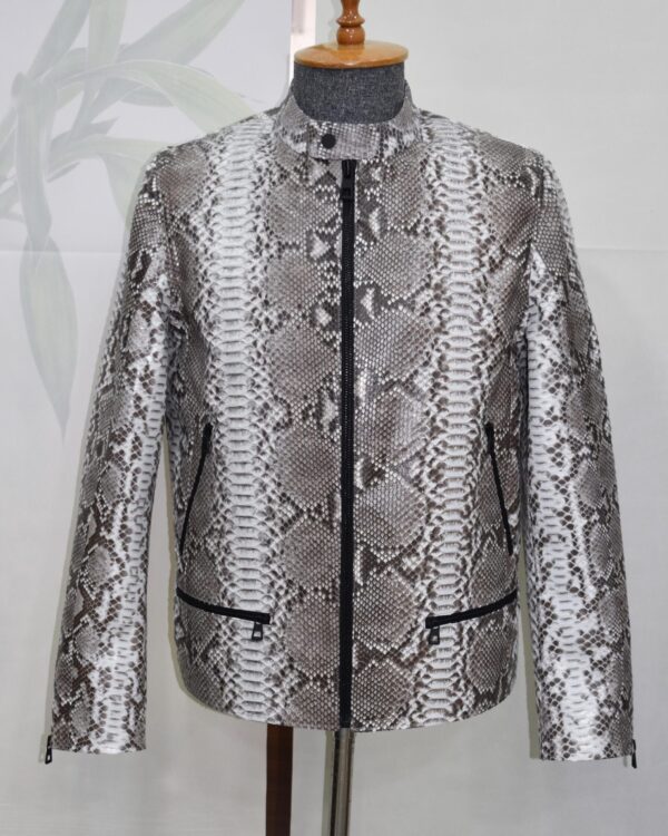 Natural White Grey Python Skin Racer Jacket - Exotic Snake Leather Luxury Moto Coat