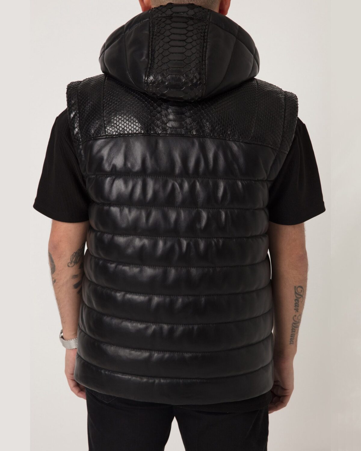 695e59b959f447123fa4f02f.jpg Men's Nappa Leather Hooded Vest: Python Trim, Quilted Waistcoat