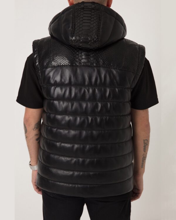 Men's Nappa Leather Hooded Vest: Python Trim, Quilted Waistcoat