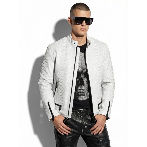 Genuine Python Leather Men's Exotic Snake Skin White Luxury Moto Jacket