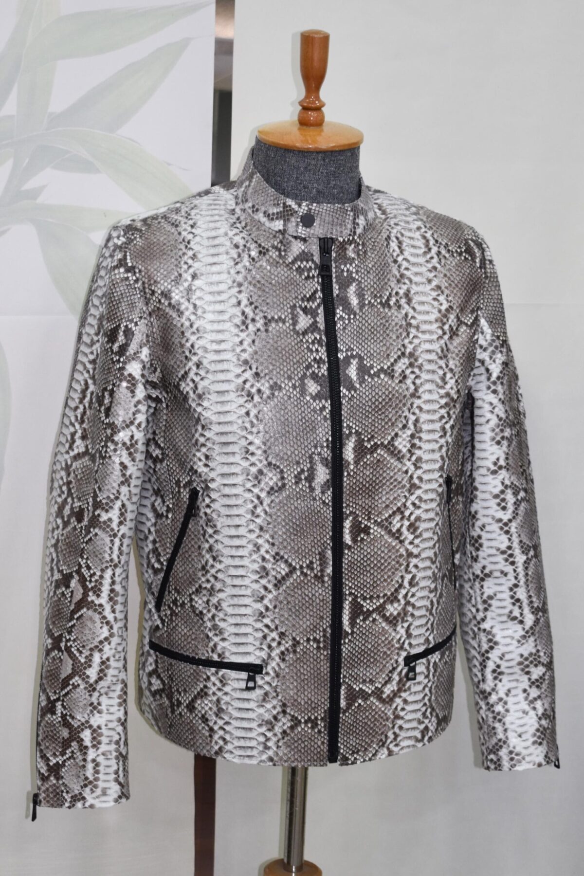 Natural White Grey Python Skin Racer Jacket - Exotic Snake Leather Luxury Moto Coat