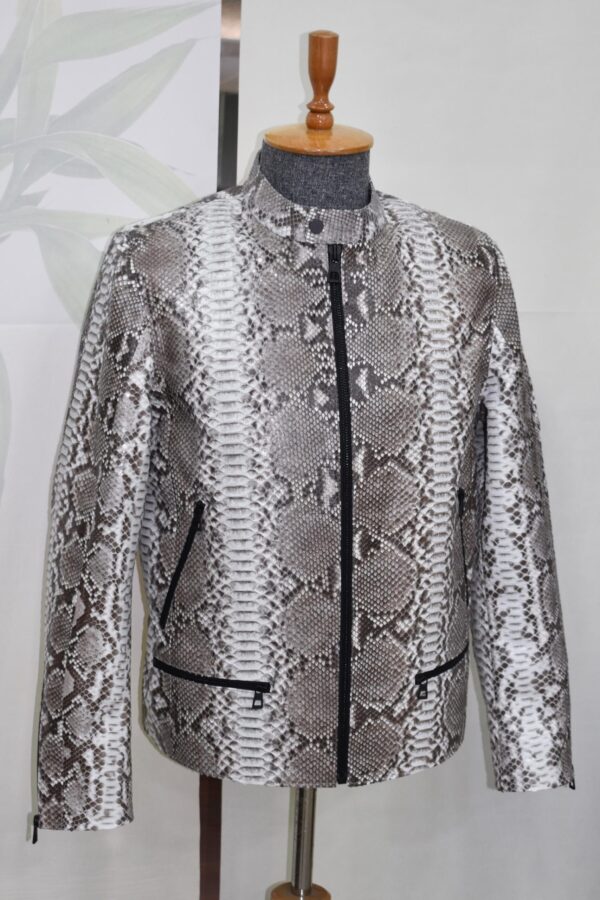 Natural White Grey Python Skin Racer Jacket - Exotic Snake Leather Luxury Moto Coat
