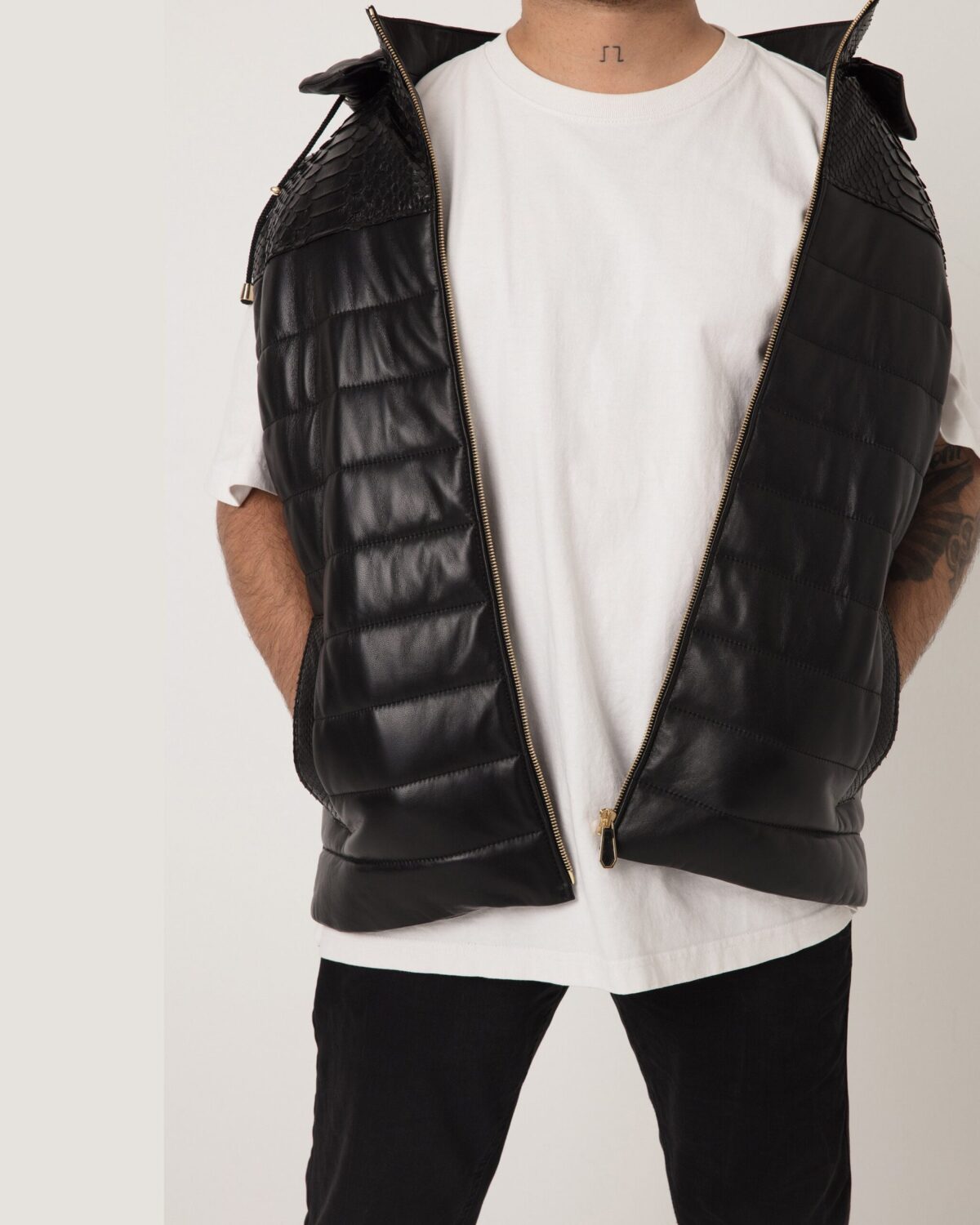 695e59ba59f447123fa4f036.jpg Men's Nappa Leather Hooded Vest: Python Trim, Quilted Waistcoat