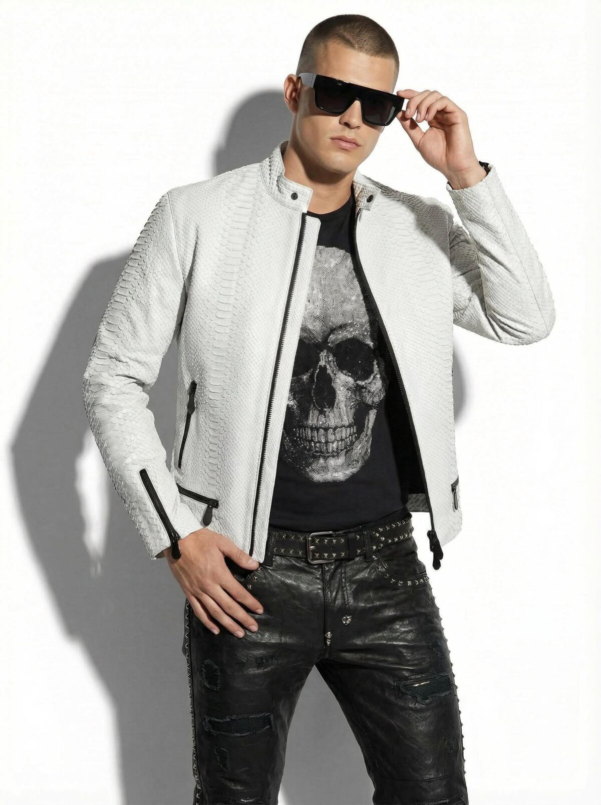 Genuine Python Leather Men's Exotic Snake Skin White Luxury Moto Jacket