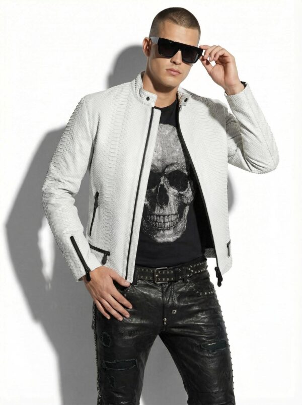 Genuine Python Leather Men's Exotic Snake Skin White Luxury Moto Jacket