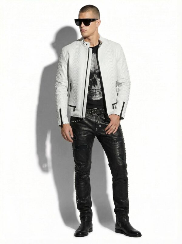 Genuine Python Leather Men's Exotic Snake Skin White Luxury Moto Jacket