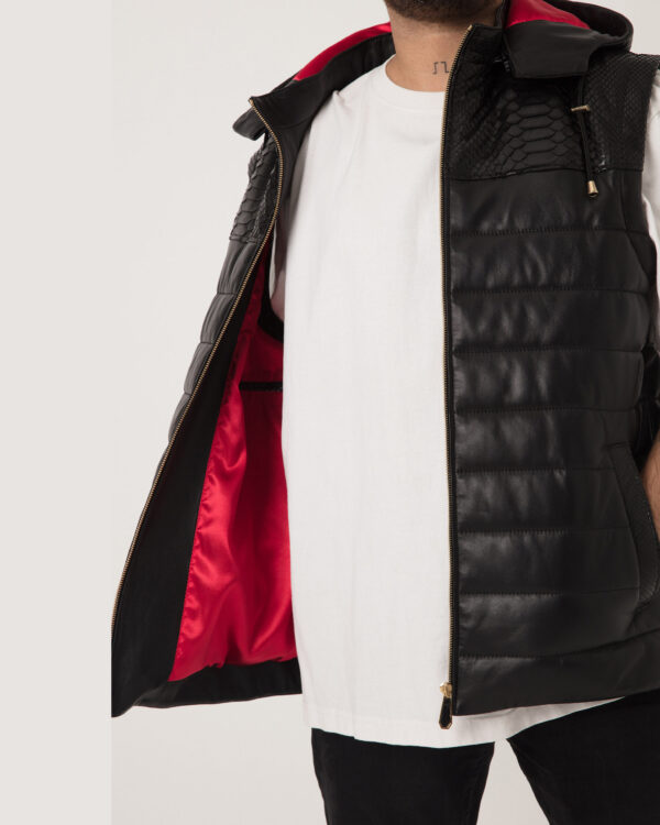 Men's Nappa Leather Hooded Vest: Python Trim, Quilted Waistcoat