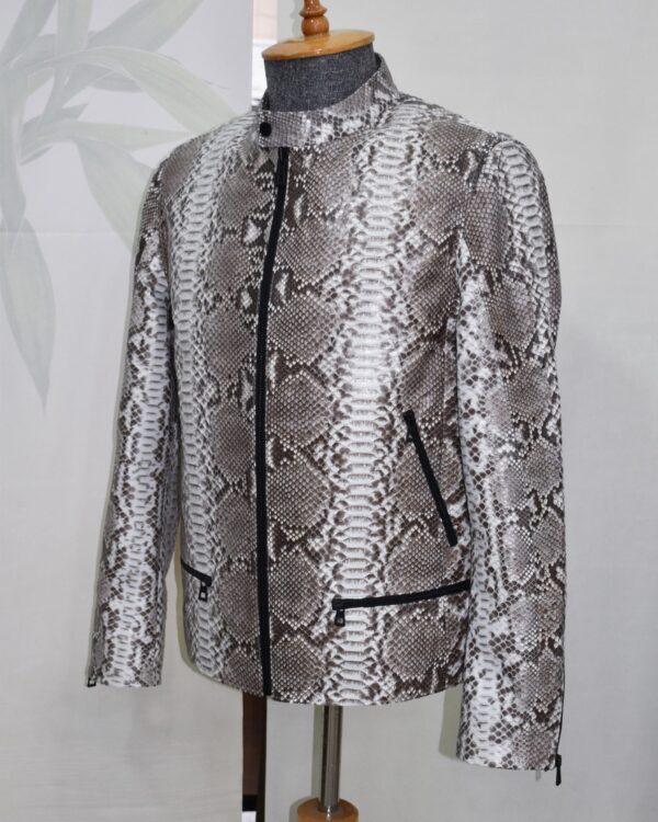 Natural White Grey Python Skin Racer Jacket - Exotic Snake Leather Luxury Moto Coat