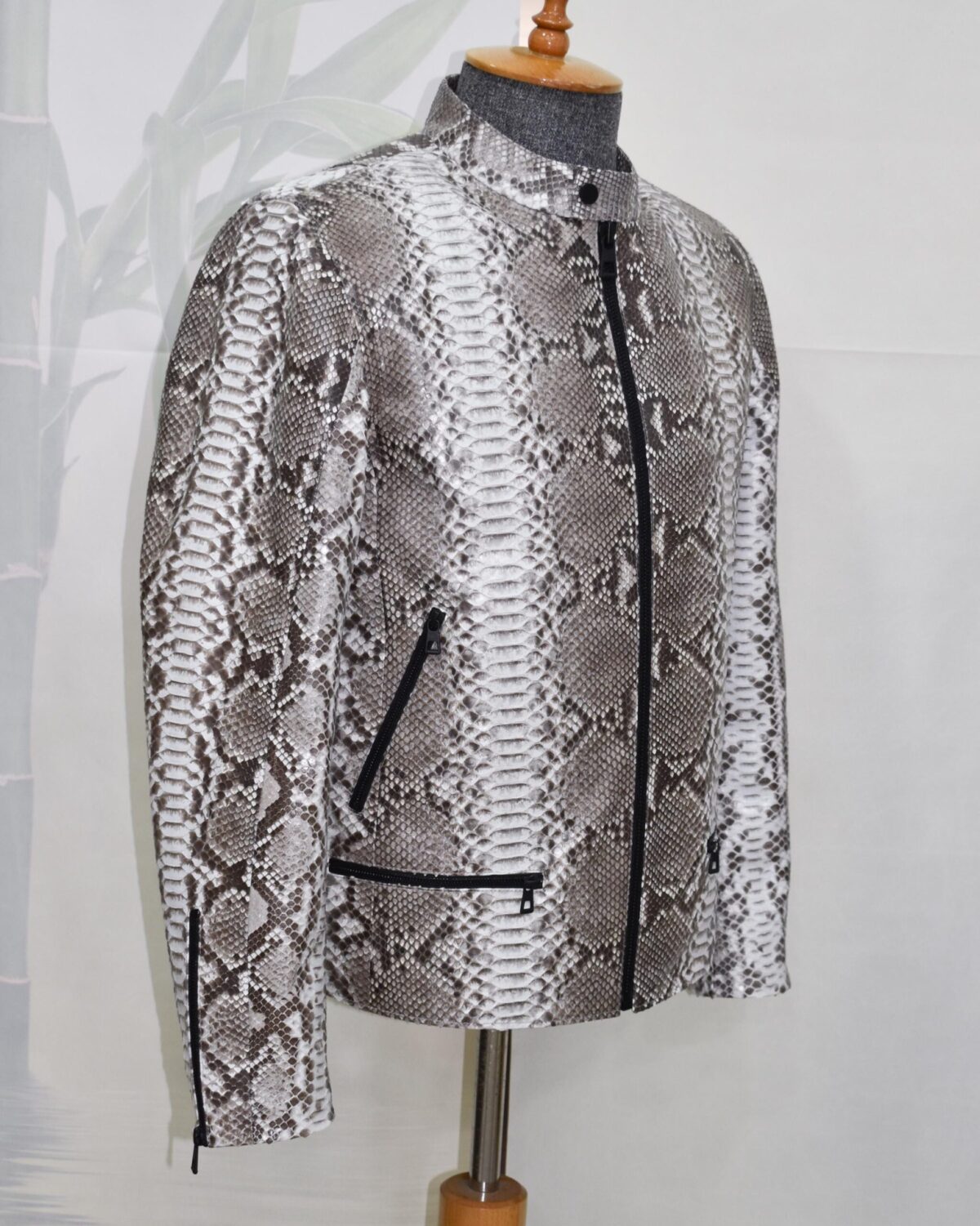 Natural White Grey Python Skin Racer Jacket - Exotic Snake Leather Luxury Moto Coat