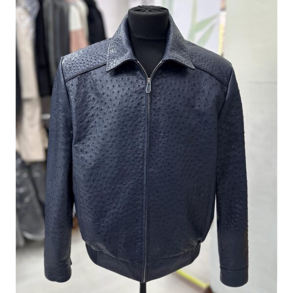 Genuine Ostrich Quill Leather Men's Navy Blue Luxury Handmade Bomber Jacket