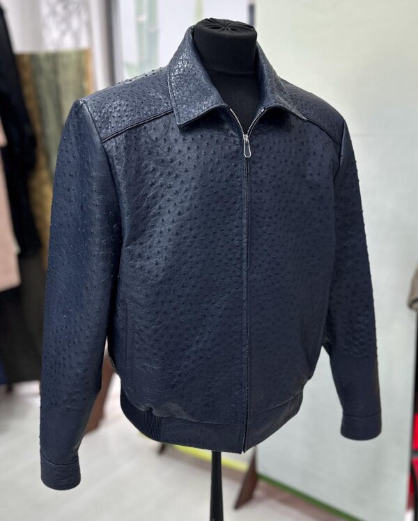 Genuine Ostrich Quill Leather Men's Navy Blue Luxury Handmade Bomber Jacket