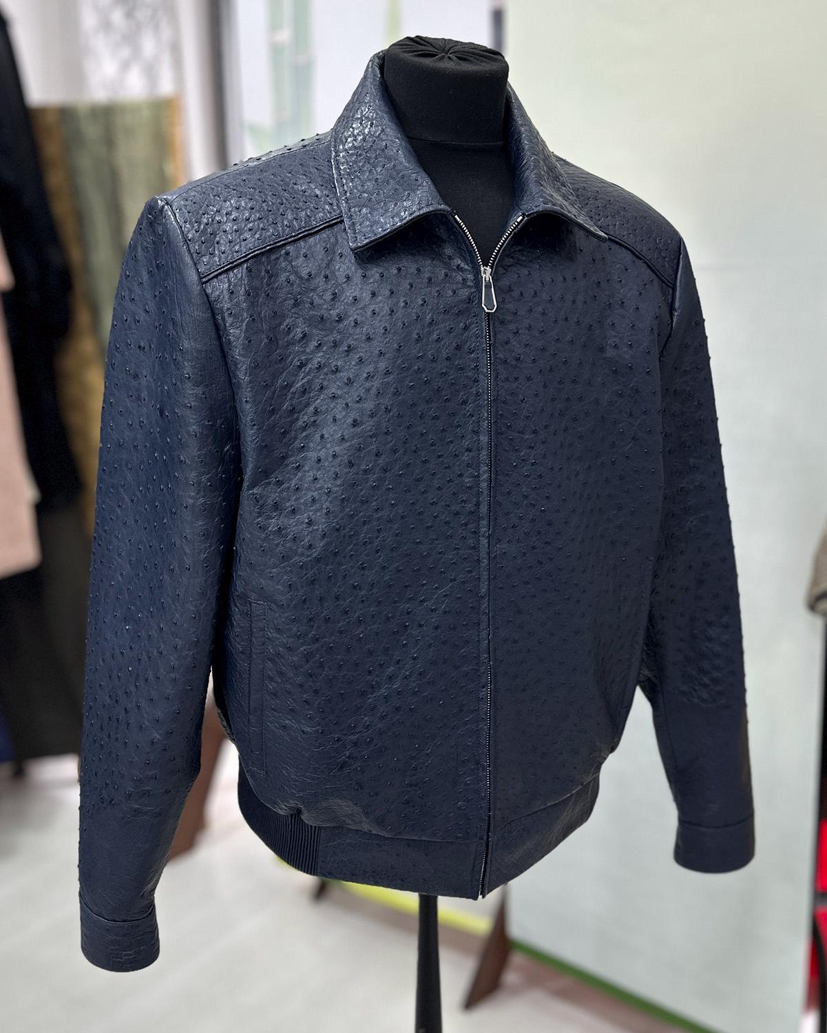 695e59bd59f447123fa4f09d.jpg Genuine Ostrich Quill Leather Men's Navy Blue Luxury Handmade Bomber Jacket