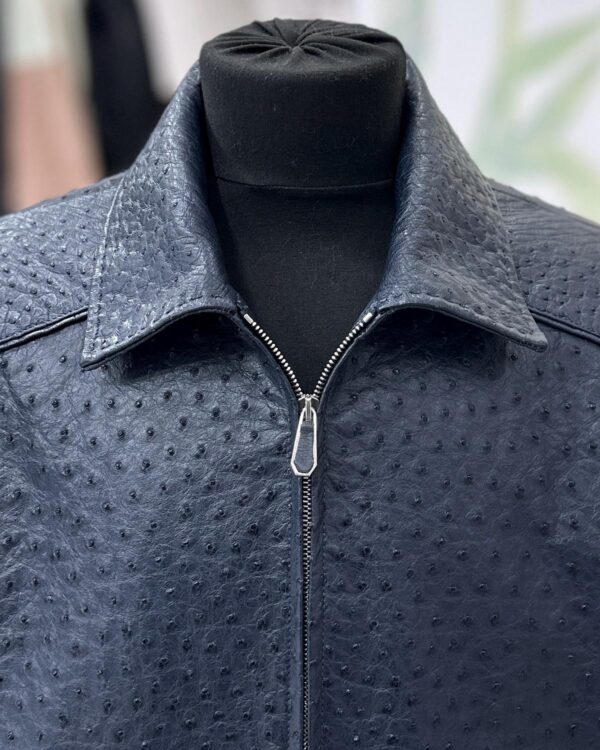 Genuine Ostrich Quill Leather Men's Navy Blue Luxury Handmade Bomber Jacket