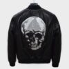 695e59be59f447123fa4f0f8.jpg Crystal Printed Skull Men's Black Genuine Leather Bomber Jacket
