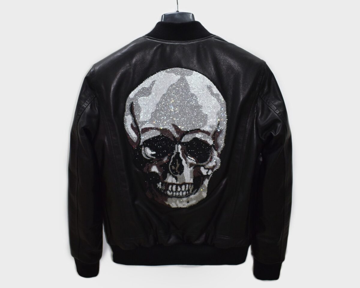 695e59be59f447123fa4f0f8.jpg Crystal Printed Skull Men's Black Genuine Leather Bomber Jacket