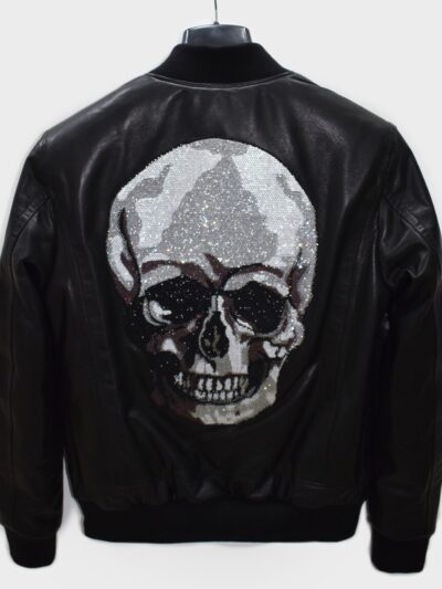 Crystal Printed Skull Men's Black Genuine Leather Bomber Jacket