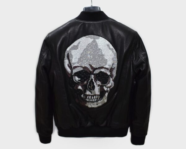 Crystal Printed Skull Men's Black Genuine Leather Bomber Jacket