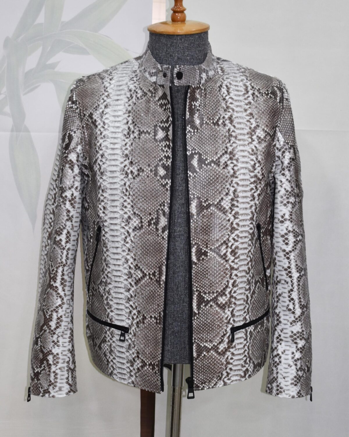 Natural White Grey Python Skin Racer Jacket - Exotic Snake Leather Luxury Moto Coat