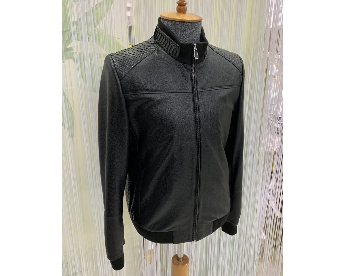 Men's Real Python Skin Trim Textured Genuine Leather Black Luxury Jacket
