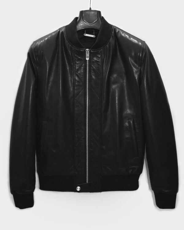 Crystal Printed Skull Men's Black Genuine Leather Bomber Jacket