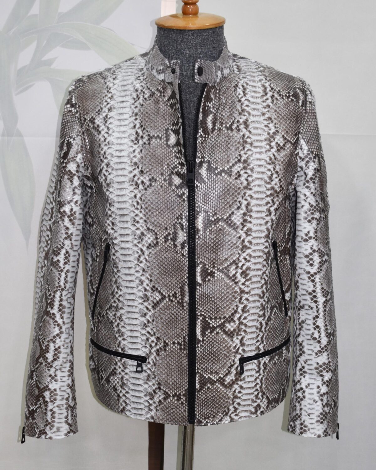 Natural White Grey Python Skin Racer Jacket - Exotic Snake Leather Luxury Moto Coat