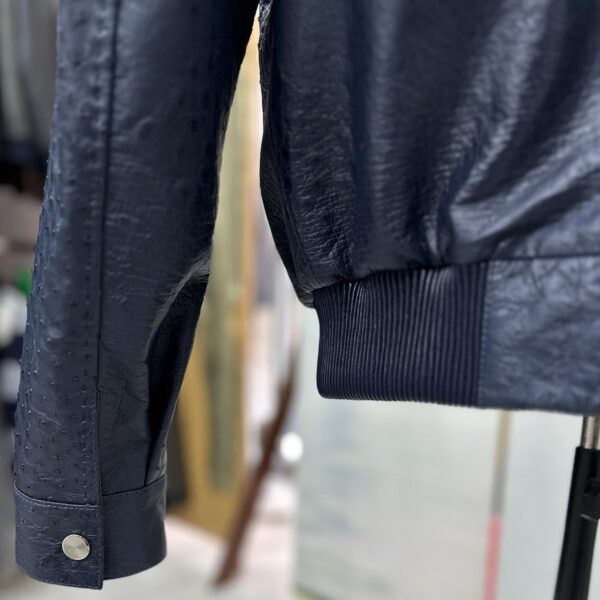 Genuine Ostrich Quill Leather Men's Navy Blue Luxury Handmade Bomber Jacket