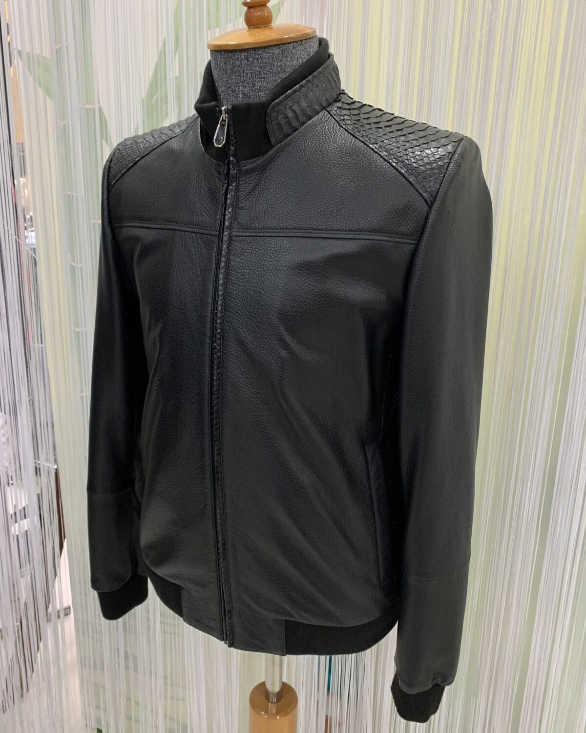 Men's Real Python Skin Trim Textured Genuine Leather Black Luxury Jacket