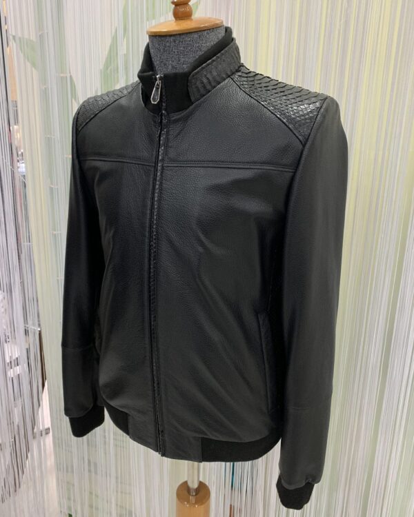 Men's Real Python Skin Trim Textured Genuine Leather Black Luxury Jacket