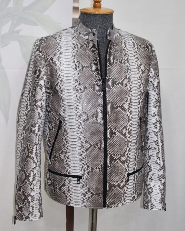Natural White Grey Python Skin Racer Jacket - Exotic Snake Leather Luxury Moto Coat